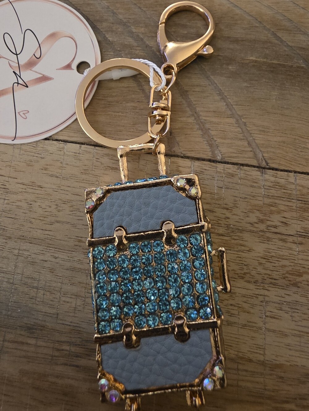 Gold-Tone Ligh Blue Crystal Luggage Bag Charm Key Chain